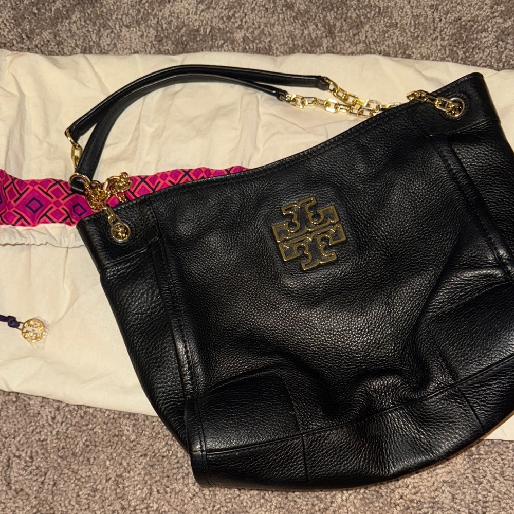 Tory Burch Black Leather Tote Bag- gently loved